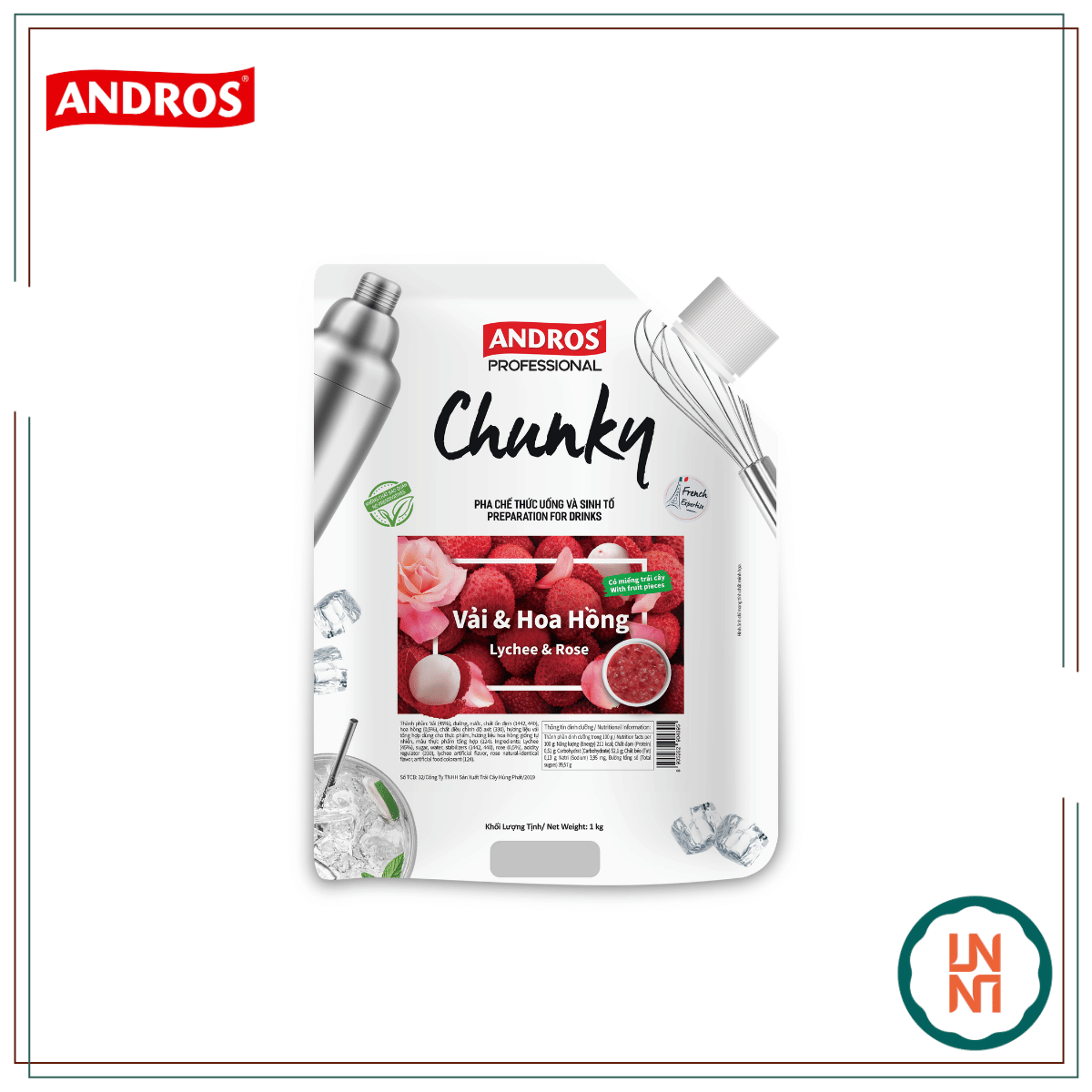 Mứt Chunky Vải & Hoa Hồng 1Kg (Andros Chunky Lychee & Rose)